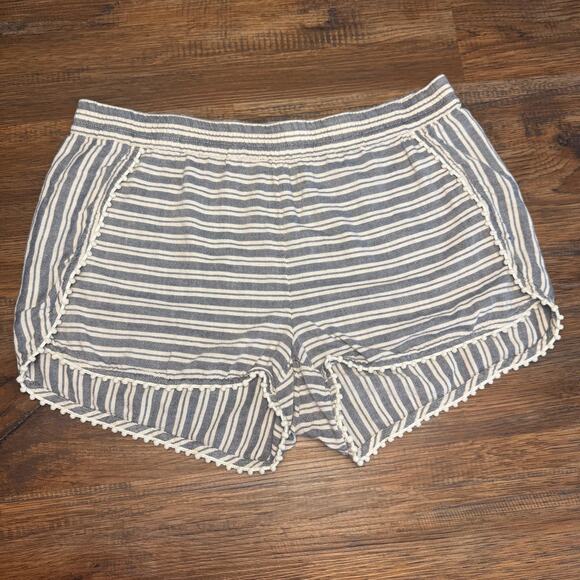Madewell Oahu Cover-Up Shorts in Stripe White blue pom pom trim MEDIUM cotton - Picture 1 of 9